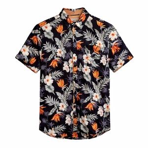7Diamonds Tropical Floral Shirt Mens Medium Black Hawaiian Button Up Cotton